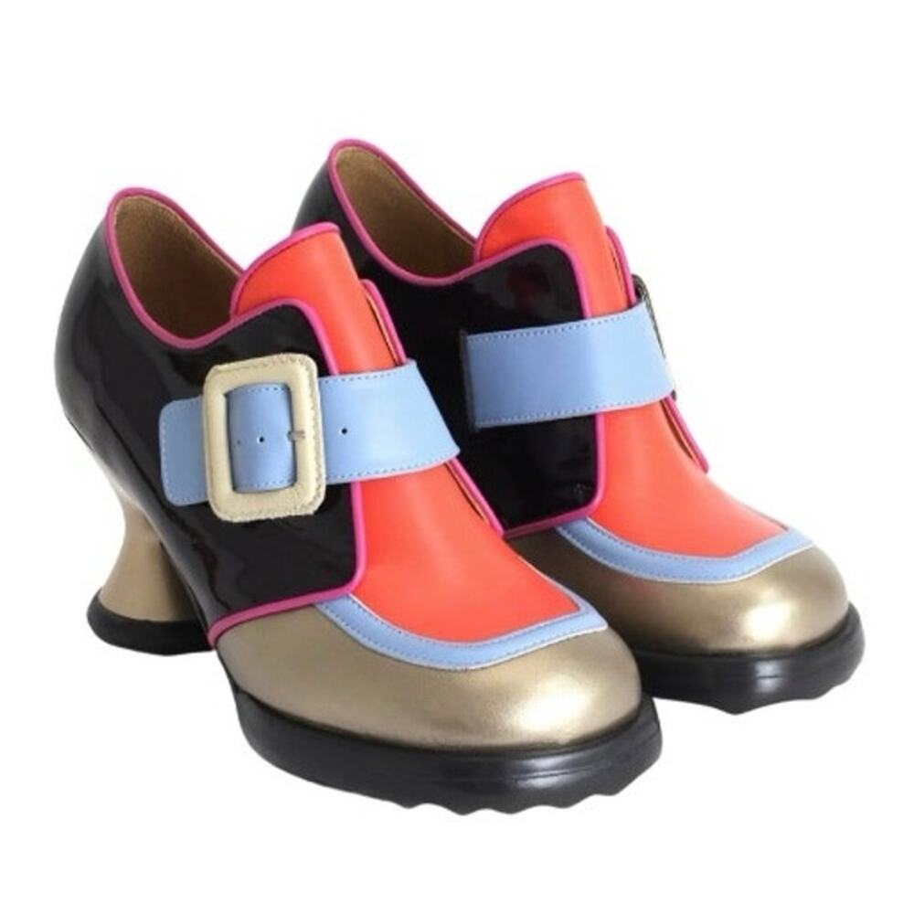 John Fluevog size 8 Mini Lolly Contrast Buckle Heels Gold/Orange (Discontinued)